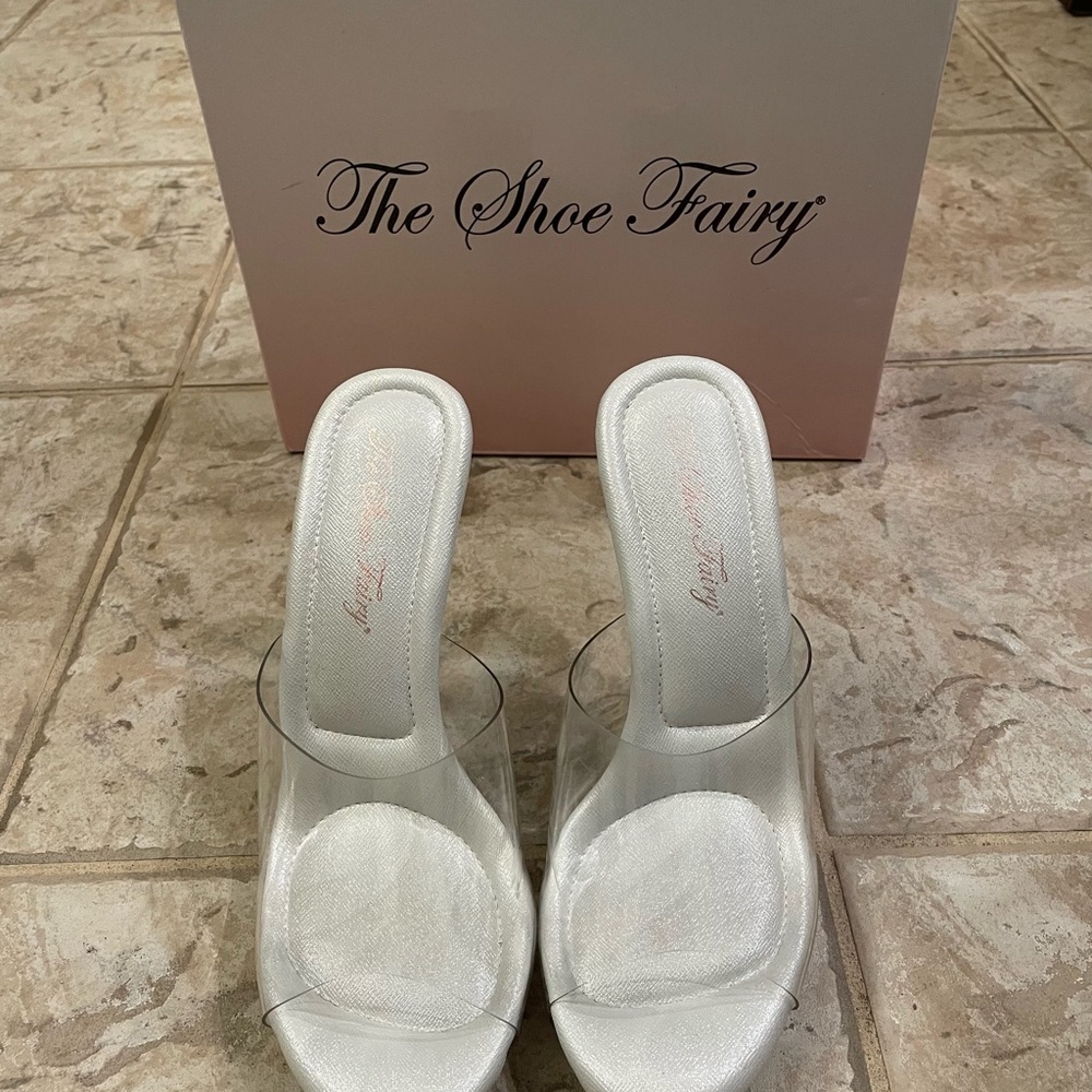 The Shoe Fairy Olympian Mule bikini competition clear heels size 8